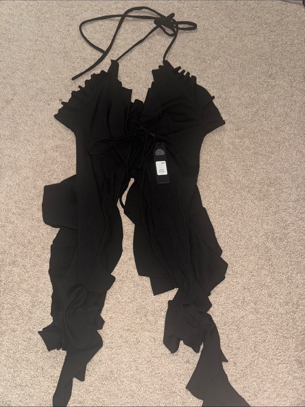 Fashion Nova Black Ruffle Halter Tie Jumpsuit